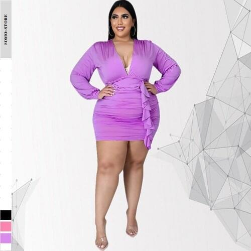 Fashion Mini Dresses Womens Solid Color Pleated Sexy Deep V Collar Bag Hip Plus Size Clothing 3xl 4xl Wholesale Dropshipping