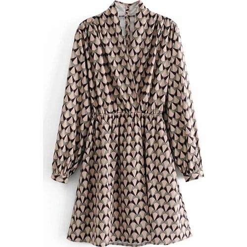 Summer Dress Women 2021 Full Sleeve Puff Chiffon Classic Sexy V-Neck Vintage Print Color Casual Autumn Female Vestido OL C2938
