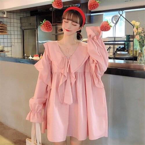 Women Spring Autumn Fashion Flare Sleeve Shirt Dress Casual Ruffled Chic Fairy Party Dress Sweet Harajuku Girl Loose Mini Dress