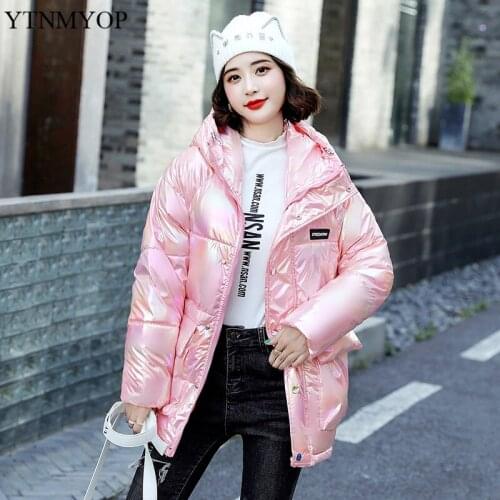 YTNMYOP Glossy Colorful Jackets Women High Street Hooded Winter Coat Windproof Long Clothing Cotton Padded Clothing Female
