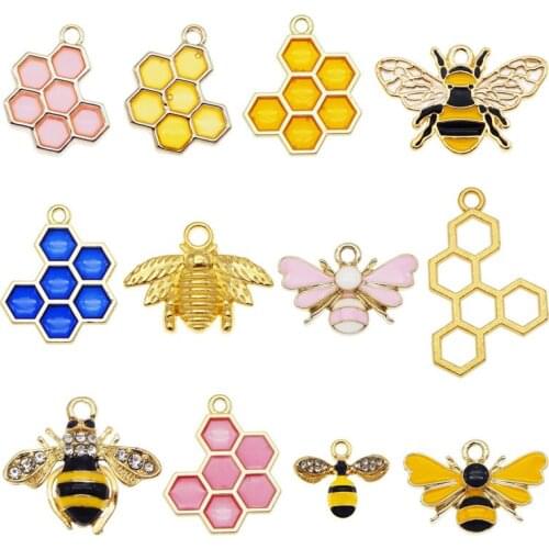 Julie Wang 12PCS Enamel Bee And Honeycomb Charms Mixed Hive Honeybee Pendants Alloy Necklace Bracelet Jewelry Making Accessory