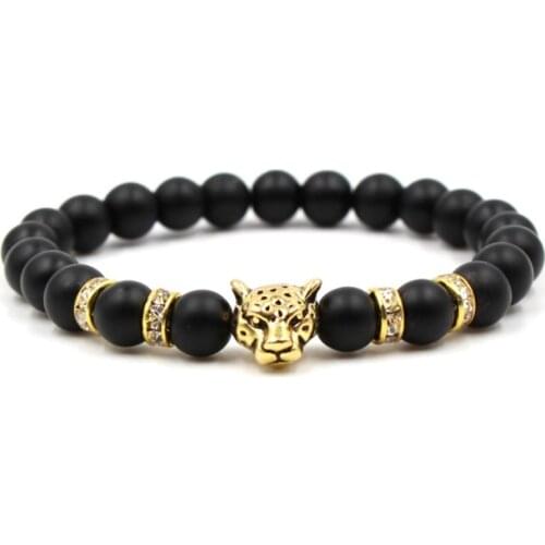 8mm cg3 elastic adjusted Macrame Charm nature Frosted agate Onyx eleopard head Charm Bracelet Fashion