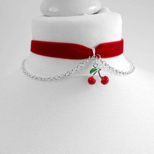 Red Velvet Cherry Choker with Chains Fashion Cute Jewelry Gorgeous Party Necklace Delicacy Pendant Charm Women Girlfriend Gift