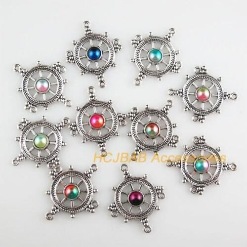 Fashion 10Pcs New Anchor Charms Tibetan Silver Tone Retro Mixed Colored Acrylic Connectors 27.5x33.5mm
