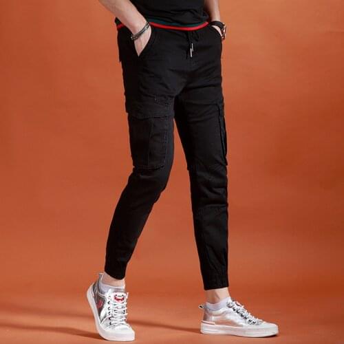 Mens Cargo Pants 2021 Summer Casual Black Cotton Drawstring Pencil Pants