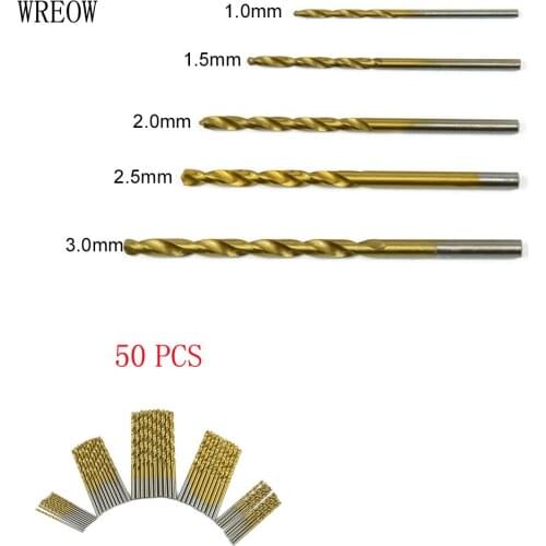 50Pcs 1/1.5/2.0/2.5/3mm HSS Titanium Coated Twist Drill Bits Set Round Shank High Speed Steel Drill Bit For Woodworking Plastic