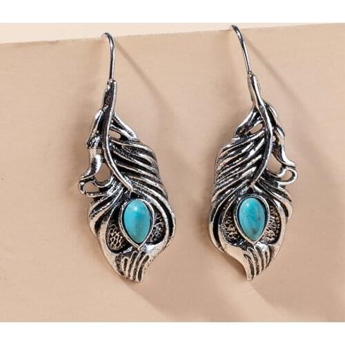 New Fashion Vintage Turquoise Feather Shape Hollow Earrings For Women Ethnic Silver Color Dangling Drop Earrings Jewelry Gifts