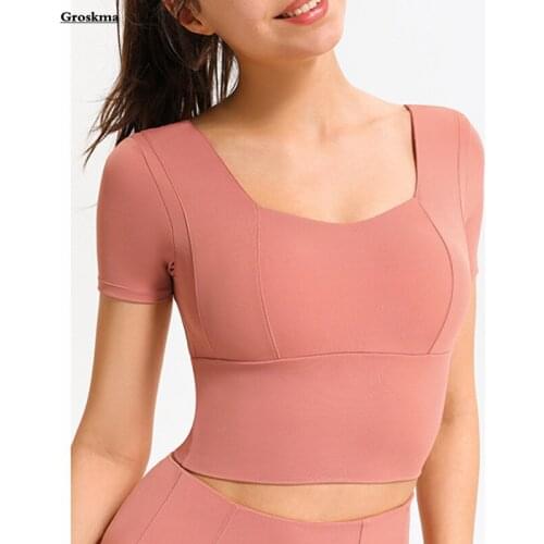 New Arrival Women Short Sleeve T Shirt Yoga Crop Tops Chest Pad Fitness Gym Tees Outdoor Running Sportswear Clothing