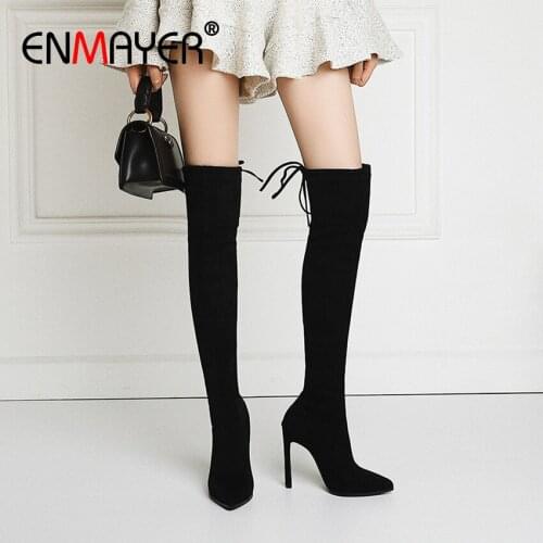 ENMAYER Over The Knee Boots Furry Snow Boots Women Velvet Pointed Toe Riding, Equestrian Elastic Band Flock Super High