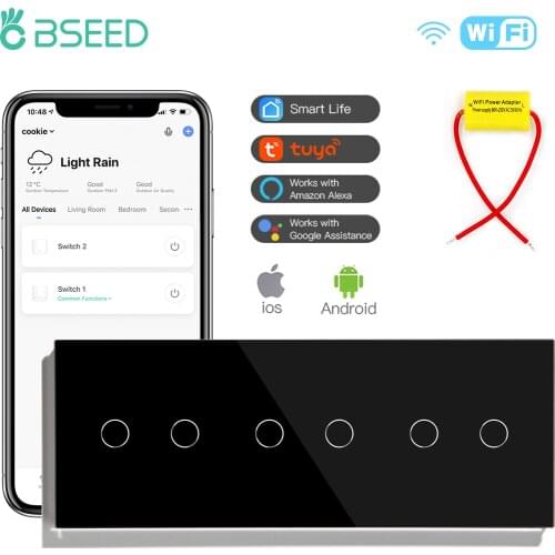 BSEED WIFI 6Gang Touch Light Switch Glass Panel Smart Wall Switch Touch Screen Led Backlight Google Aleax Smart Life App