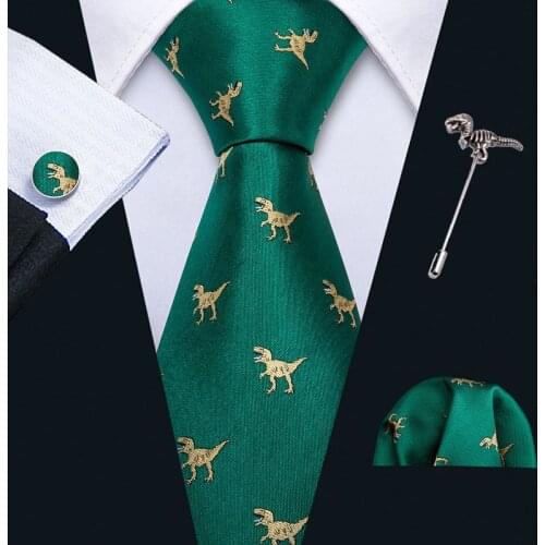 Lapel Pin Green Gold Dinosaur Mens Necktie Handkerchief Cufflinks Set 8.5cm Neckpin Business Silk Ties For Men Barry.Wang Design