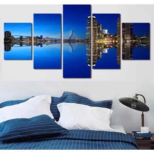 Modern City Night Landscape Blue Pictures HD Printed 5 Panel Posters Home Decor Canvas Painting Wall Picture For Living Room