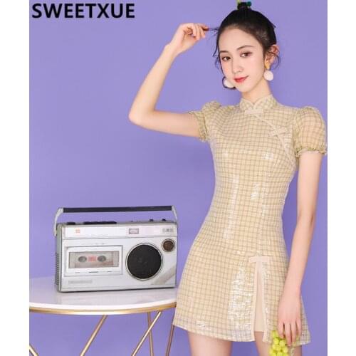 SWEETXUE Cheongsam Dress Female Aummer Young Girl Chinese Style Womens Dress 2021 New Puff Sleeve Sequins Cute Sweet Qipao