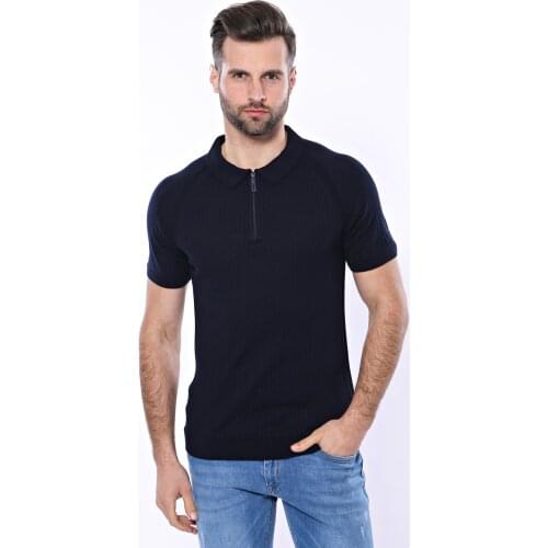 Polo Zippered Patterned Navy Knitted T-Shirt