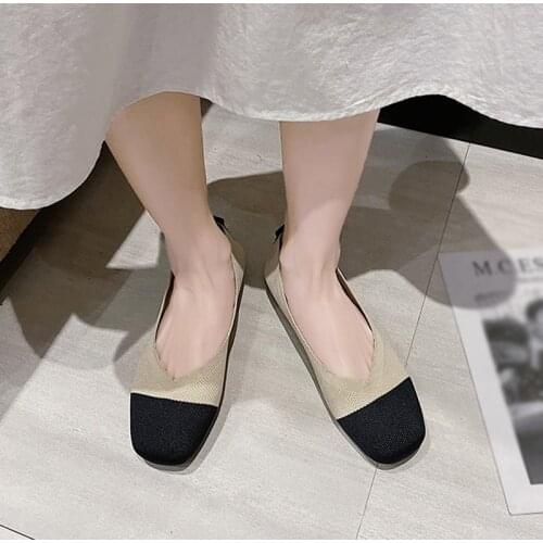 Womens Flat Shoes Patchwork Square Toe Knitting Shallow Female Moccasins Soft Bottom Footware Casual Ladies Loafer 2021 Fashion