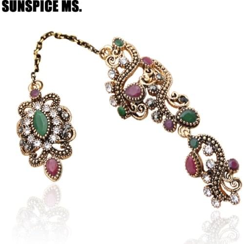 Vintage Flower Turkish Rings Adjustable Size Women Colorful Resin Antique Gold Jewelry Link Two Fingers Ring Festival Anillos