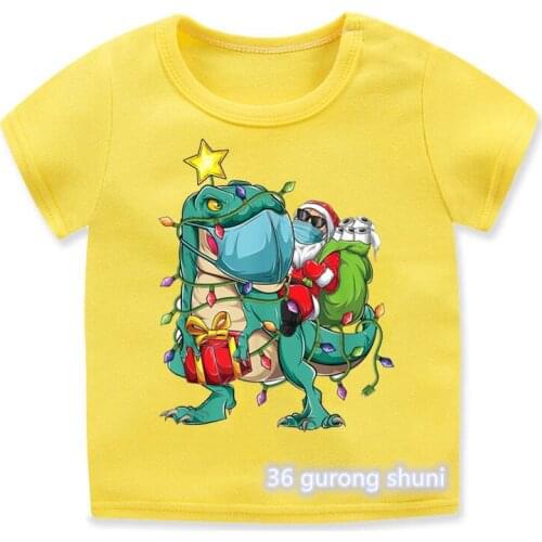 Funny boys t-shirt dinosaur party and Santa Claus print Christmas gift costume for kids summer toddler tshirt yellow shortsleeve