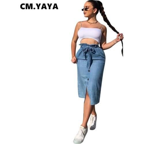 CM.YAYA Women Denim Skirts Solid Elastic High Waist Bandage Button Splited Midi Skirt Office Lady Fashion Casual Streetwear 2021