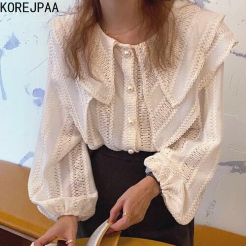 Korejpaa Woman Shirt 2021 Korean Fashion Early Autumn Gentle Double Lotu Leaf Big Lapel Pearl Buckle Loose Lantern Sleeve Blouse