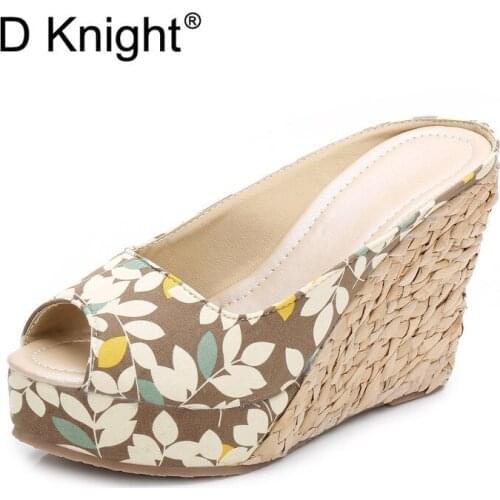 Ladies Casual Platform Wedges Sandals Open Toe Straw Braid Rome Women Slippers Size 30-43 Female Beach High heels Sandals Slides
