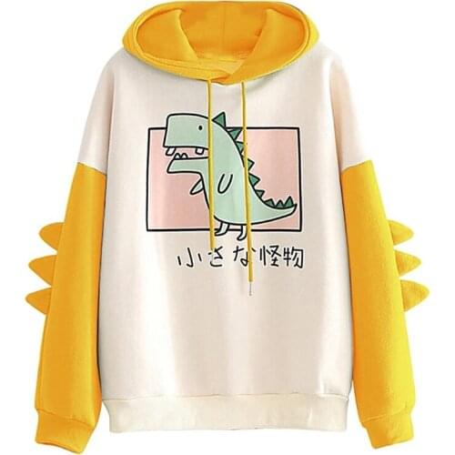 Japanese Style Women Long Sleeve Hoodies Cute Anime Dinosaur Print Splice Drawstring Sweatshirt Winter Warm Cosplay Cartoon
