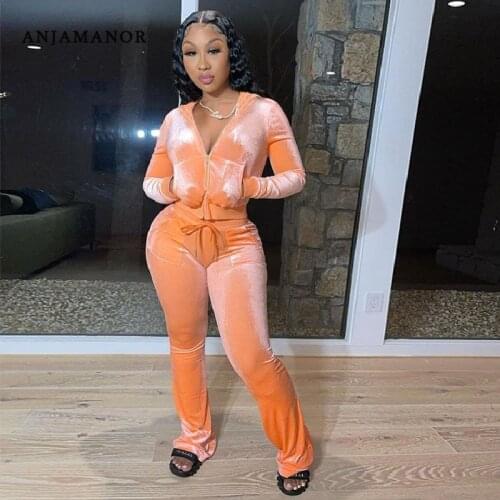 ANJAMANOR Velvet Tracksuit Sweatsuits for Women Fall Winter Outfit Two Piece Set Zip Up Hoodie Jackets Pants Wholesale D89-EZ66