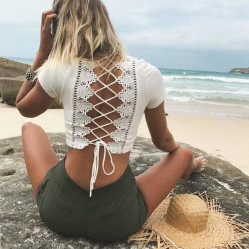 Womens Short Top Summer Short Sleeve V Collar Sexy T-shirt Lace Stitching Cross Strap Open Back Sexy Navel Bare T-shirts H9193