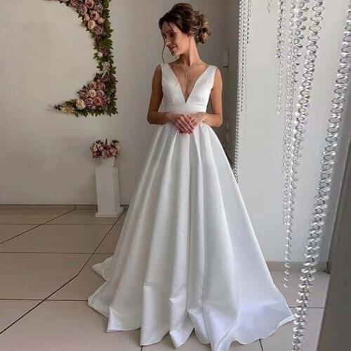Weiyin AE0761 Satin Wedding Dress 2021 V Neck Backless Simple Sexy White Ivory Bridal Gowns For Women Vestido de Novia
