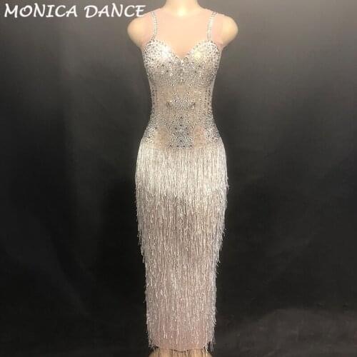 Women Glisten Rhinestones Tassel Perspective Dress for Singer Bar Dress Birthday Celebrate Costume Mesh Long Dress Stones Wear