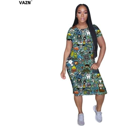 VAZN 2020 Top Quality Cartoon Soft Fabrics Sexy Young Daily Regular Waist Braid Top Short Sleeve Women Thin Midi Dress