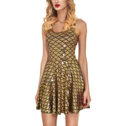 NEW 1001 Sexy Girl Women Summer Shiny dragon Fish scale Golden 3D Prints Reversible Sleeveless Skater Pleated Dress Plus size