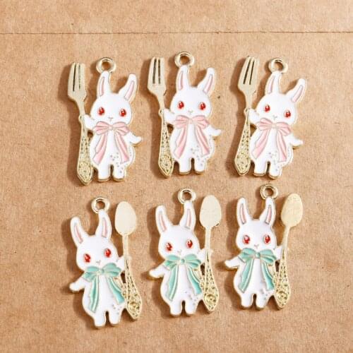 10pcs Mixed Enamel Hand-Held Fork Rabbit Charms Cute Earring Pendant Bracelet Necklace Charms for Jewelry Making DIY Findings