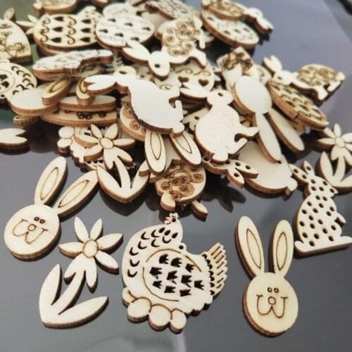 100pcs Happy Easter Rabbit Eggs Wood Chips Carved Embellishment Hanging Ornament