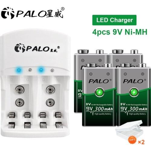 4Pcs PALO Super Heavy Duty 9V 6F22 Rechargeable Battery For Radio,Camera,Toys etc+ Smart 4 Slots LED Light Battery Charger