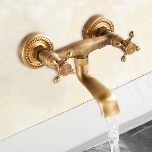 Antique Copper Faucet Kitchen Bathroom Basin Mixer Tap Wall Mount Dual Handles Holes Kitchen Tub Robinet Sink Vanity Faucet