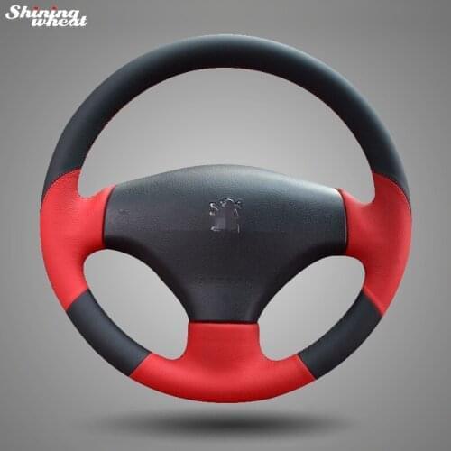Shining wheat Black Red Leather Hand-stitched Steering Wheel Cover for Peugeot 206 2007-2009 /207
