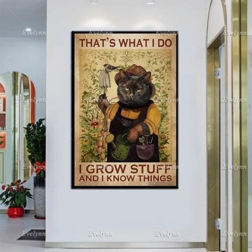 Black Cat and Garden Poster | Thats What I Do I Grow Stuff and I Know Things Prints, Gardening Canvas, Home Decor, Wall Art