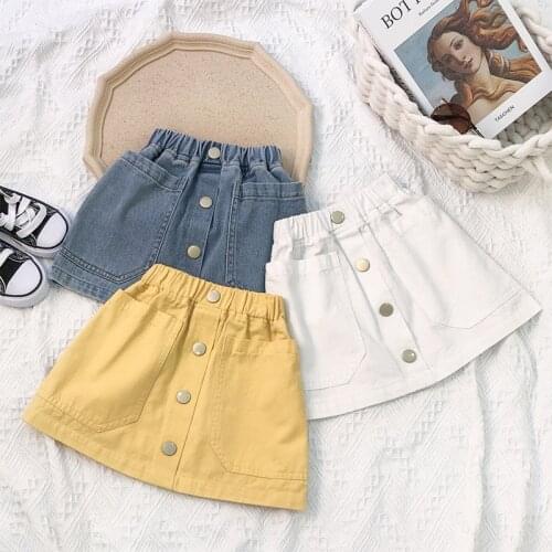 2020 Super Fashion New Summer Baby Girl Clothes Solid Button Big Pocket Cotton Kids Blue Yellow White Mini Skirts