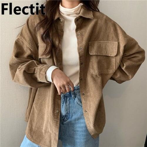 Flectit Corduroy Shacket Women Oversized Button-up Long Sleeve Collared Chest Pocket Boyfriend Shirt Jacket Fall Winter