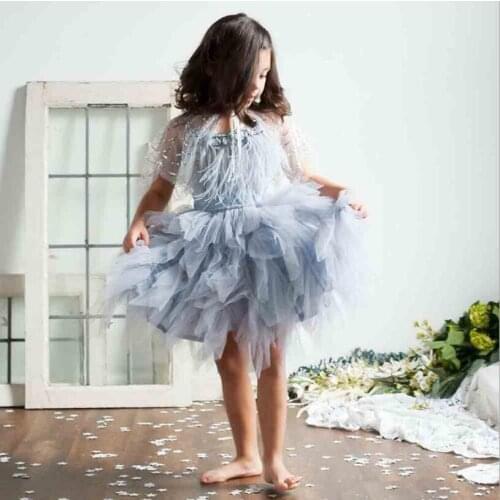 Luxury baby girls feather tutu dress children girls beading sequins sling summer dress fashion kids tulle party gown vestido