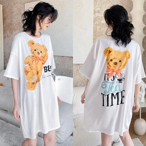 Summer Nightgowns O-Neck Cute Cartoon Women Sleepwear Short Sleeve Nightwear Sleep Nightdress Casual Ladies Home Dress