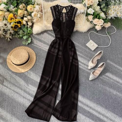 Summer Sexy Bodysuit Rompers Womens 2020 Lace Splice Backless Sleeveless Jumpsuit Waist Thin Wide Leg Pants Women Clothes Z180