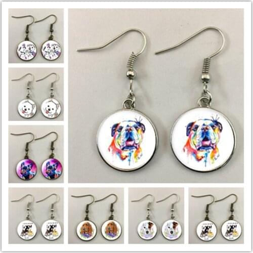 Fashion pug pattern round glass pendant earrings cute colorful dog art pictures glass dome ladies earrings gift jewelry