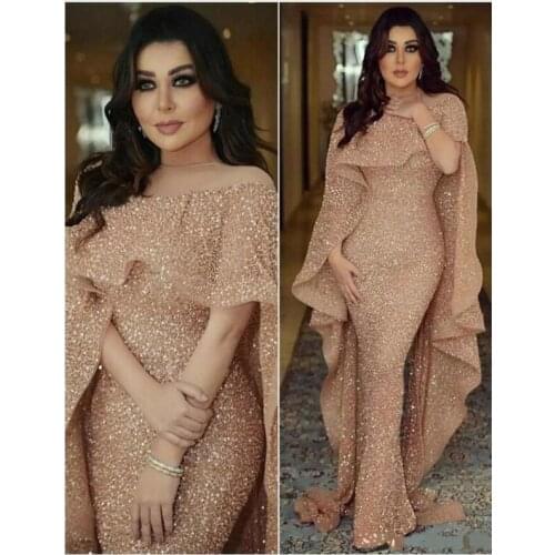 Online Long Mermaid Evening Dresses With Short Sleeve Jewel Neck Sequins Evening Gowns Sweep Train Prom Dress Zuhair Murad