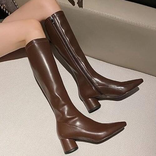 Apricot Brown White Boots Womens Elastic Boots Women Thick Mid-heel Knee High Knight Boots Genuine Leather Womens Boots