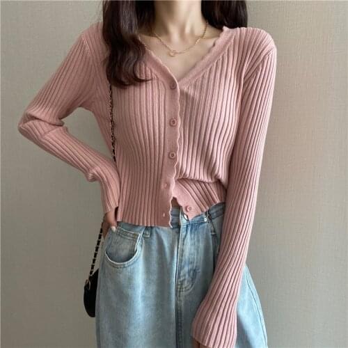 Spring Korean Cardigan Jacket 2021 Short Knit Sweater Women Wild Long Sleeved Top Casual Solid Color Knitwear Clothing Suéteres