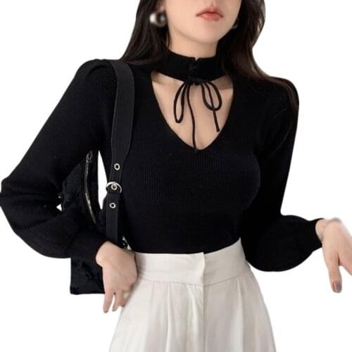 Knitted V-neck Hollow Halter Design Sense Short Sweater Long-sleeved Tops Spring Autumn Women Sweater pullover