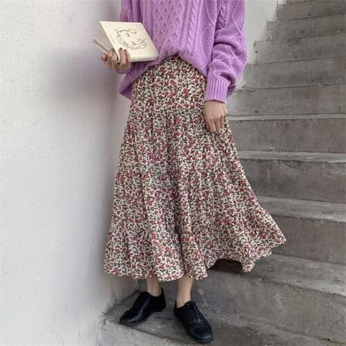 New 2020 Spring Pleated ruffled skirt prairie chic vintage maxi long skirts plus size Floral Print Bohemia skirts M-7XL
