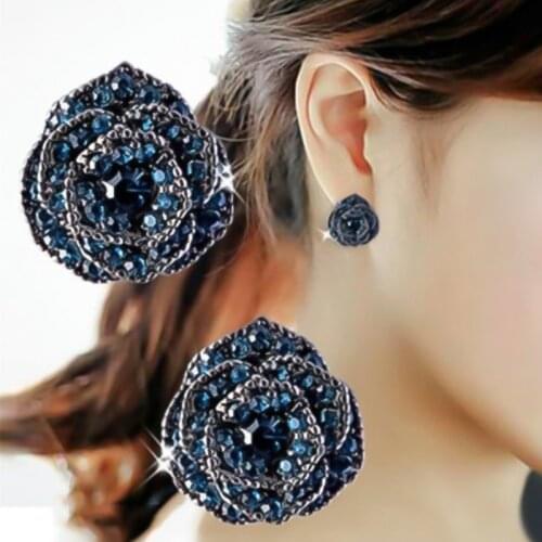 2021 New Luxury Vintage Blue Zircon Flower Stud Earring For Women Silver Color Female Jewelry Christmas Party Valentine Gifts