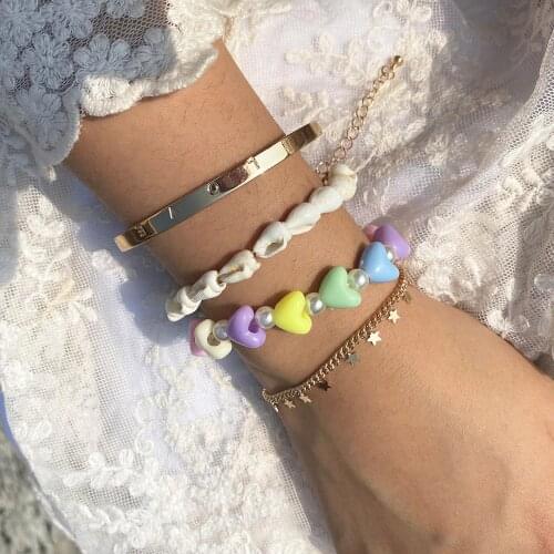 Cute Heart Imitation Pearl Bracelets Set for Women Metal Gold Color Star Shell Statement Charm Bracelet Bangles Fashion Jewelry